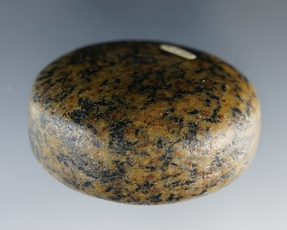 2" Diameter speckled black and brown Granite Biscuit Discoidal. Collinsville, Illinois. Ex. Ritter.
