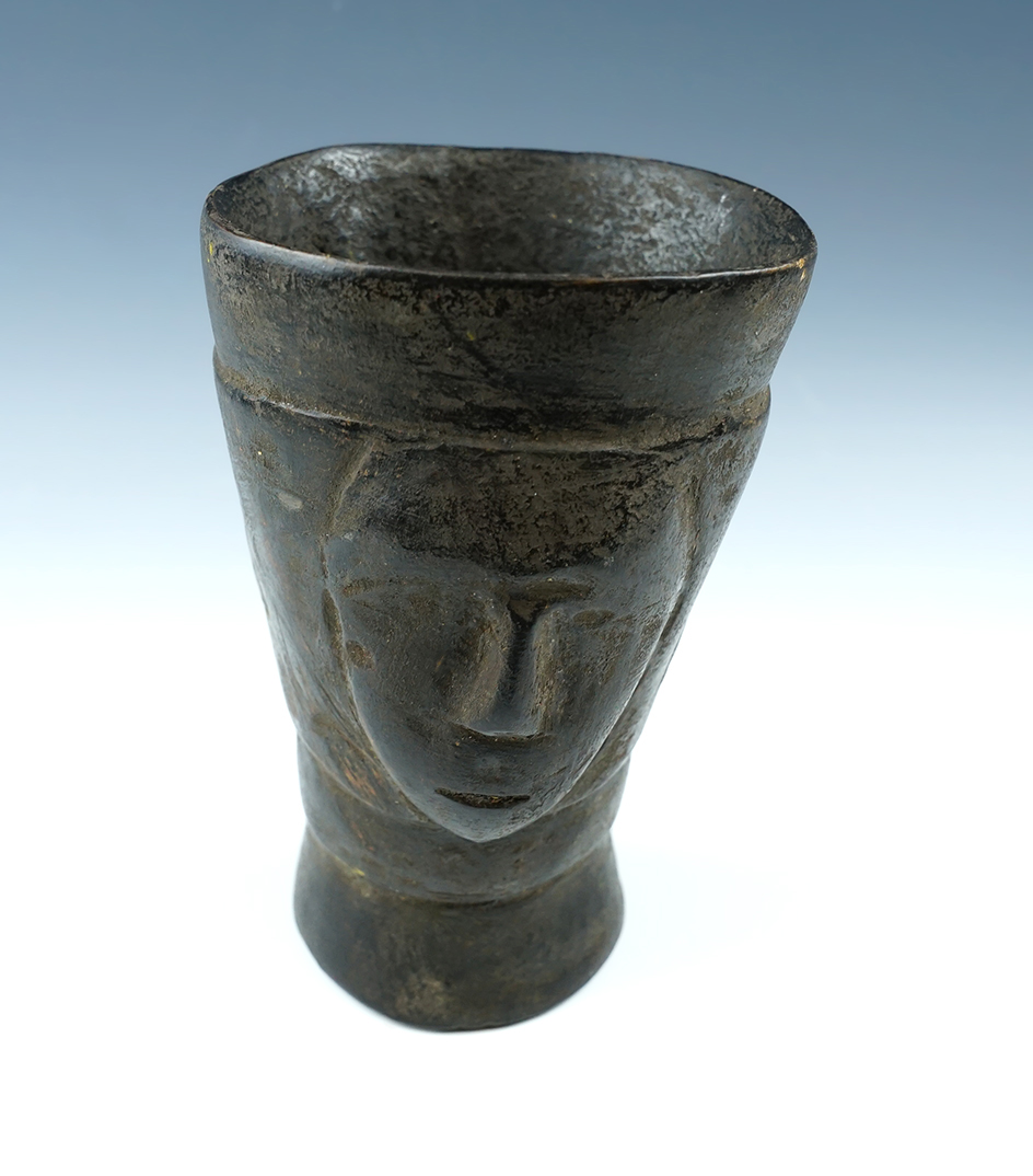 5 5/8" Tall hand carved wood Kero with human face and inset metal faces with original paint.