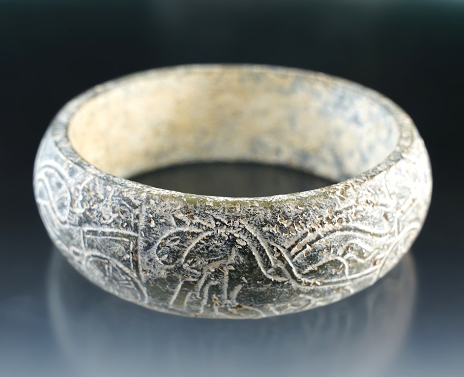 Exceptional 4 7/8" Wide Ancient Stone Bracelet with image depictions of horses and chariots