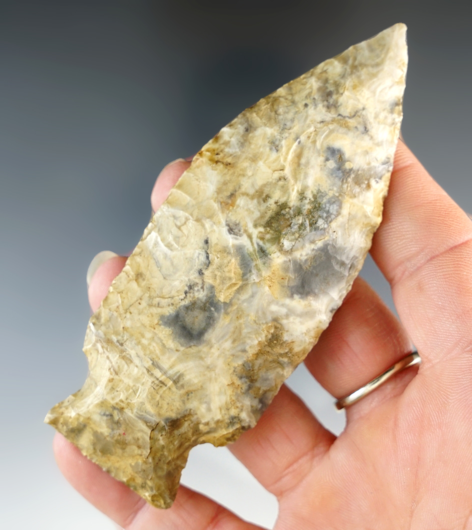 3 15/16" Etley Knife made from attractive multi-colored Mozarkite Flint. Callaway Co., MO.
