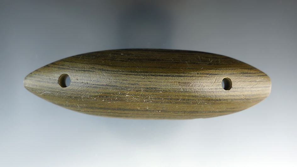 Well styled 5 1/16" Ridge Gorget - banded Glacial Slate. Rush Co., Indiana. Pictured!