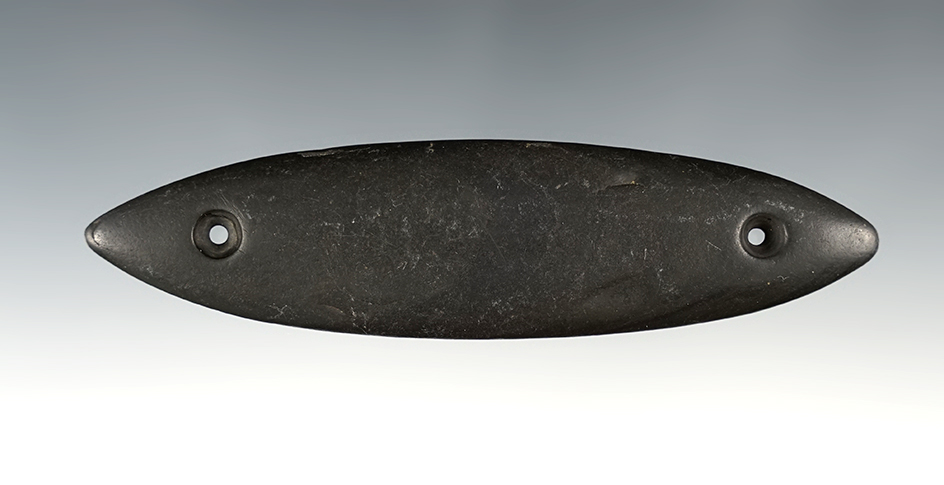 4 13/16" Glacial Kame Bi-Pointed Gorget made from black Slate. Found in Lake Co., Ohio.