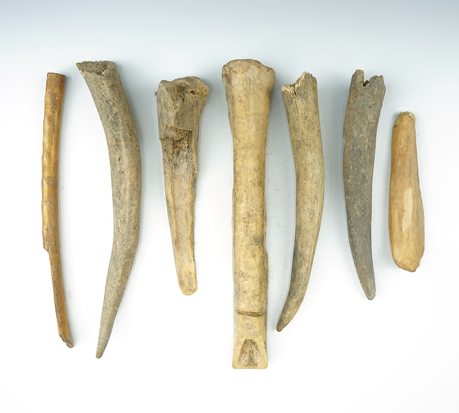 Set of 7 nicely patinated Bone Tools found in Arizona. The largest is 7 7/8".