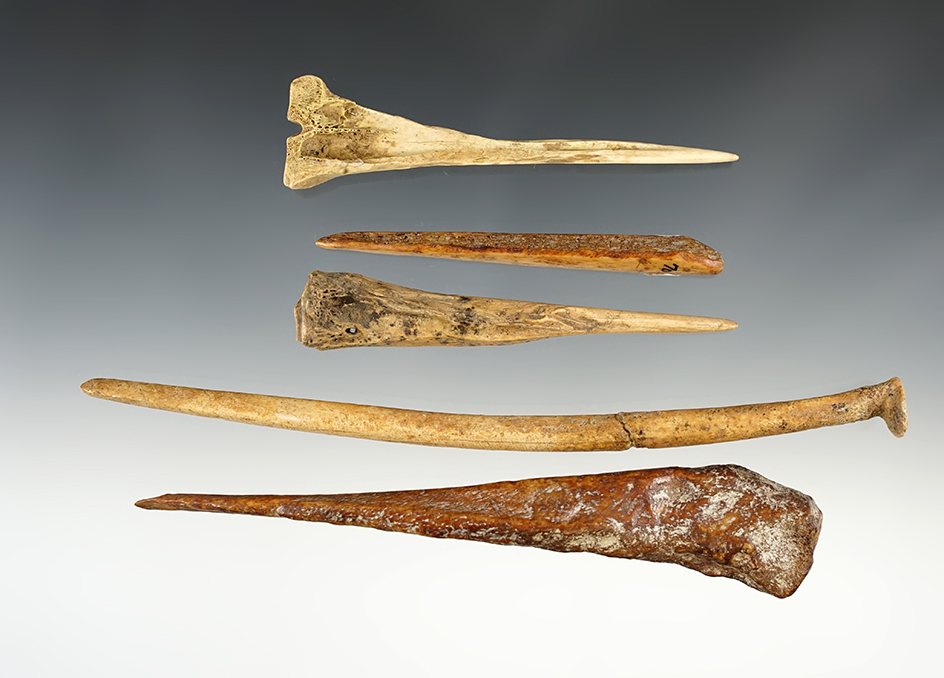 Set of 5 nice Kentucky and Tennessee Bone tools. One is broken and glued.