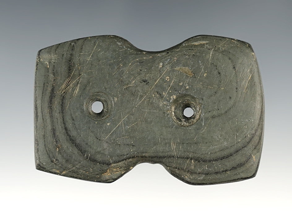 2 5/8" Hopewell Reel Gorget made from Banded Slate. Found in Ohio. Ex. Clifford Bauer.