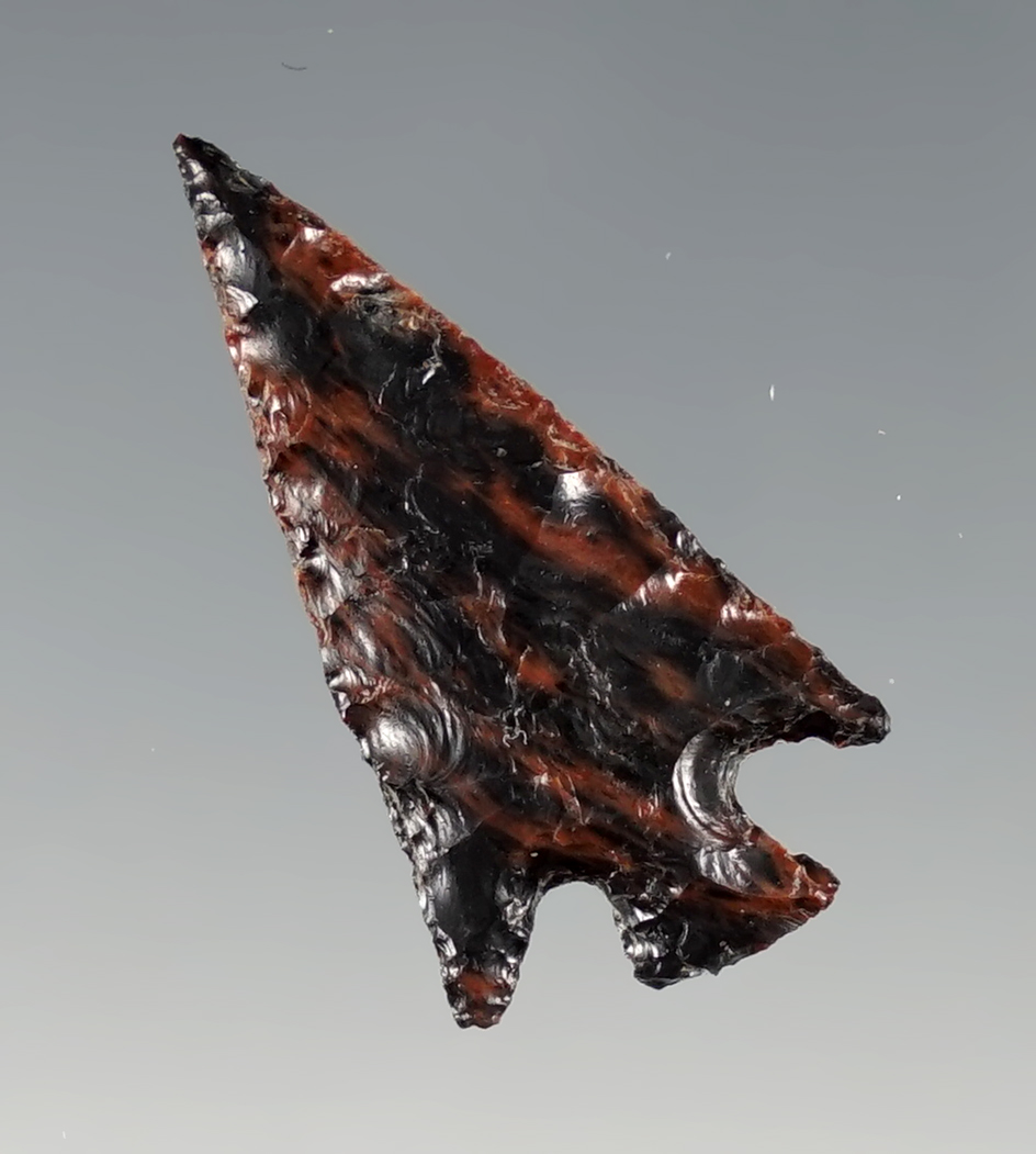 Superb! 1 1/8" Rose SpringsCorner Notch made from Obsidian. Found in Modoc Co., California.
