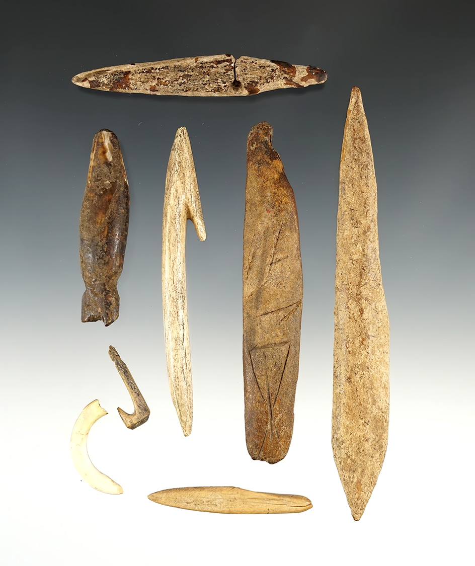 Set of 8 Alaska Bone artifacts. Most are in good condition. The largest is 5 1/2".