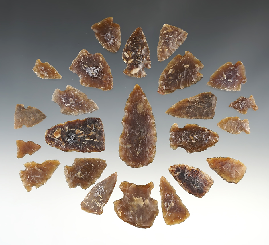 Set of 23 assorted points made from beautiful Knife River flint. Found in South Dakota.
