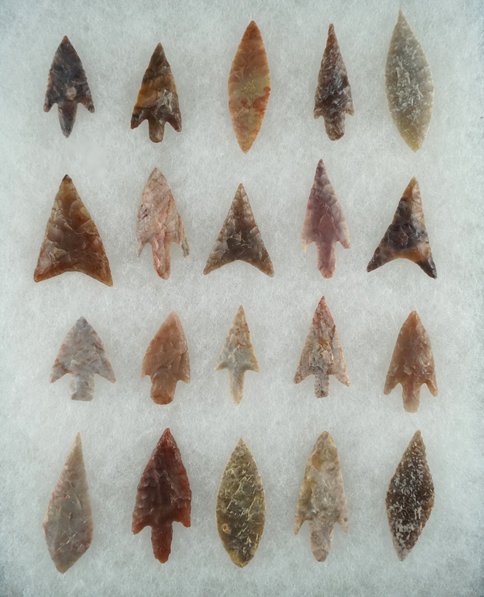 20 fine and colorful Neolithic Gem Points, many different types.