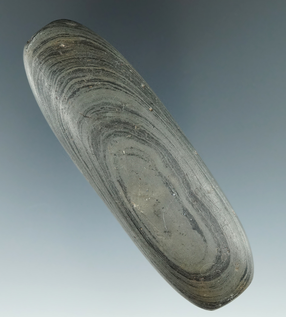 3 5/8" Banded Slate drilled Bar Amulet. Great old example. Nice banding.