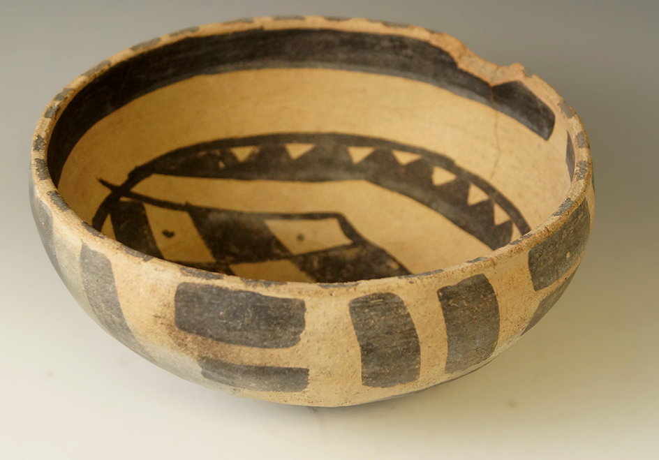 6 5/8"southwestern bowl with one pressure crack and one rim chip, no restoration. Nice paint.