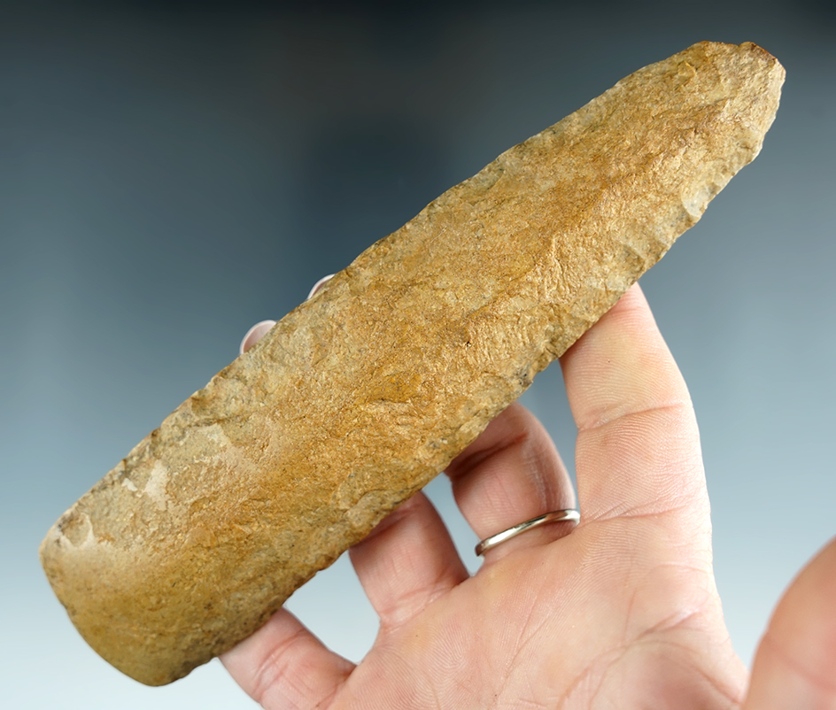 Ex. Perino! Excellent bit use-polish on this 6 1/8" Flint Celt found in Union Co.,Illinois.