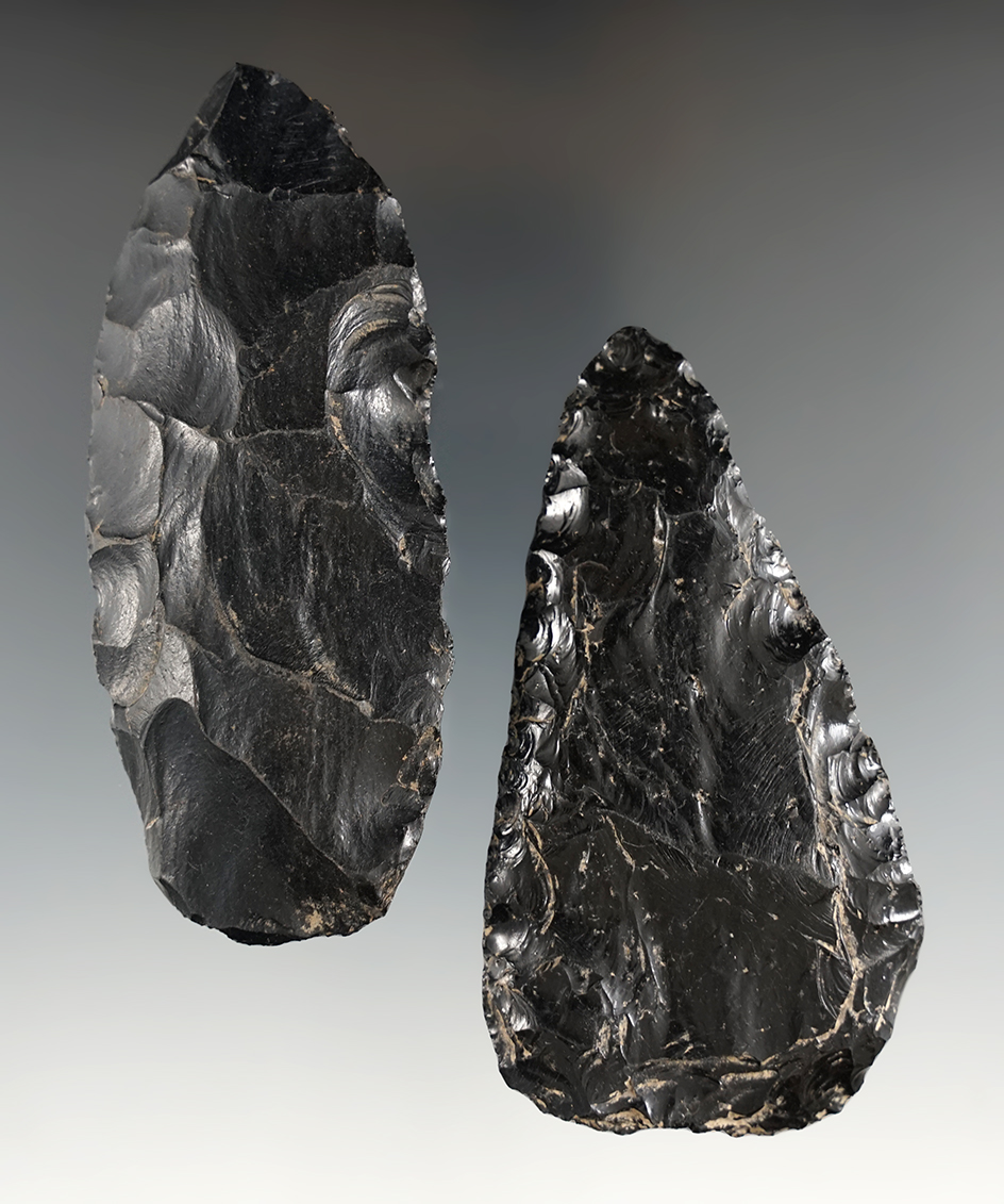 Pair of heavily patinated obsidian Blades found in Twin Falls County, Idaho in the 1950s.