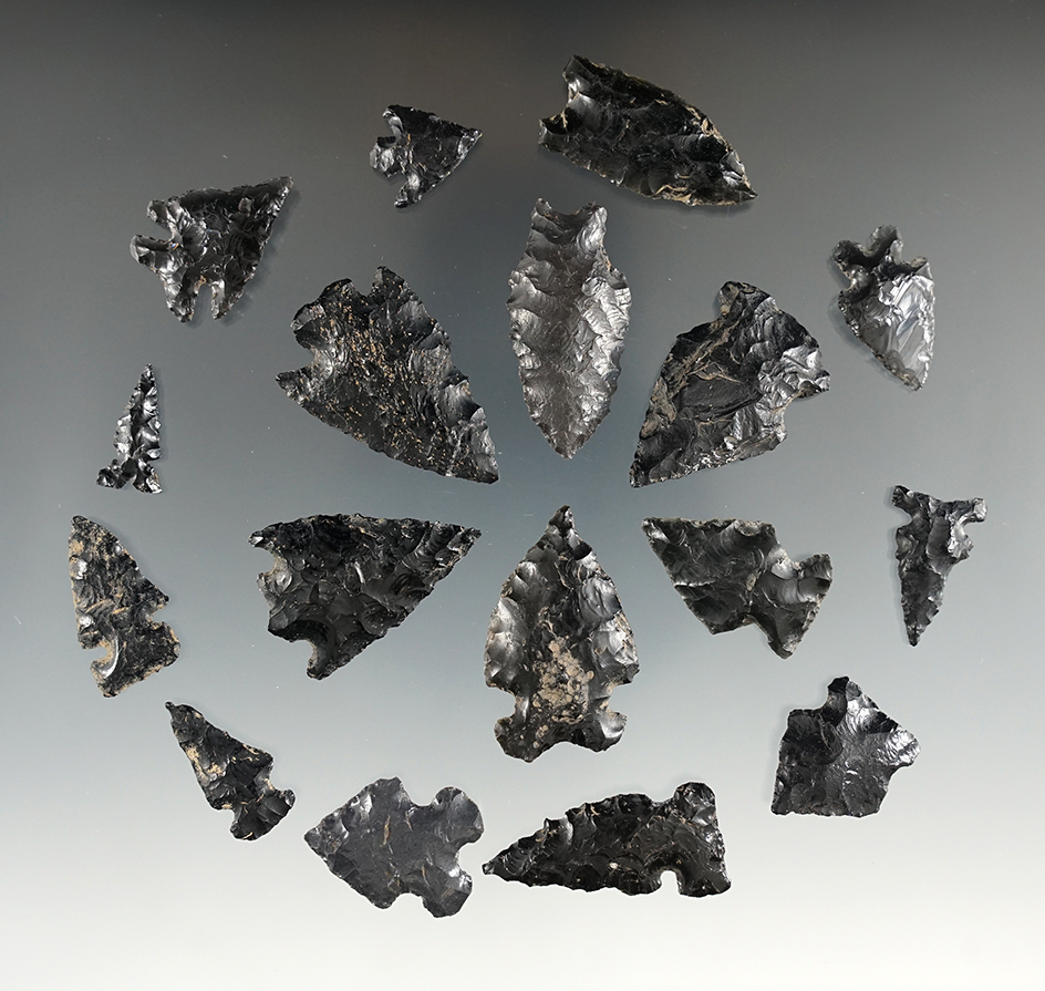 Nice set of 17 obsidian points found in Twin Falls Co.,Idaho. Largest is 1 5/16".