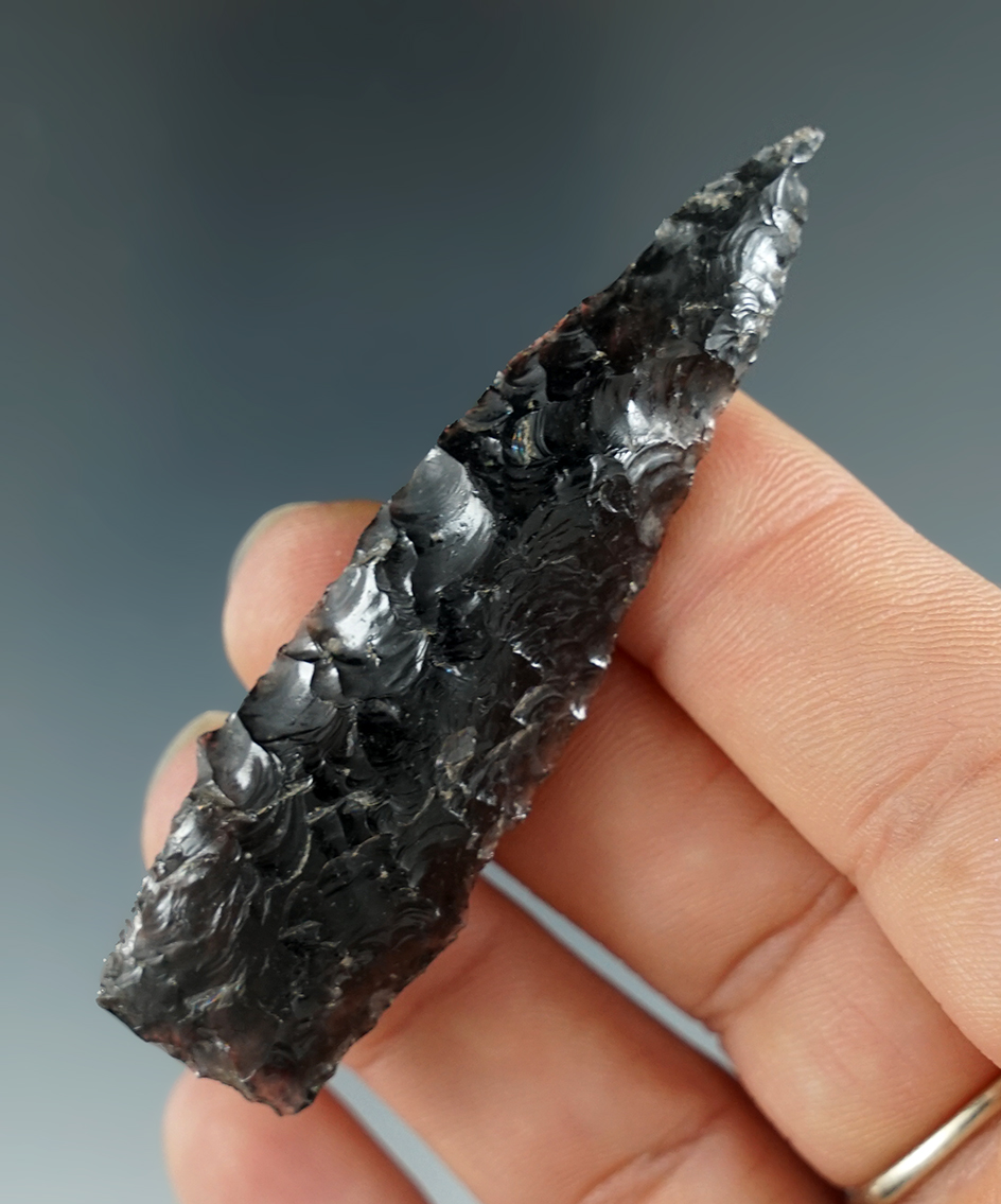 2 11/16" obsidian Scottsbluff found by Andy Anderson near Massacre Lake, Washoe Co.,Nevada.