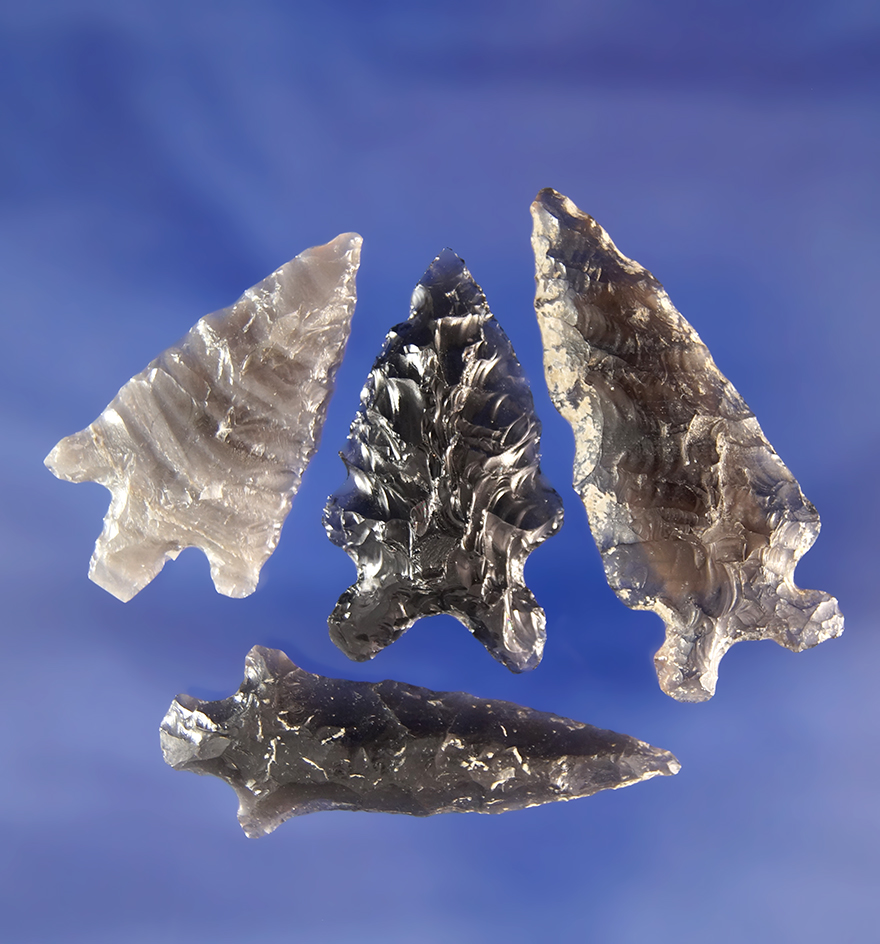 Set of four Obsidian arrowheads found in California, largest is 1 3/16".
