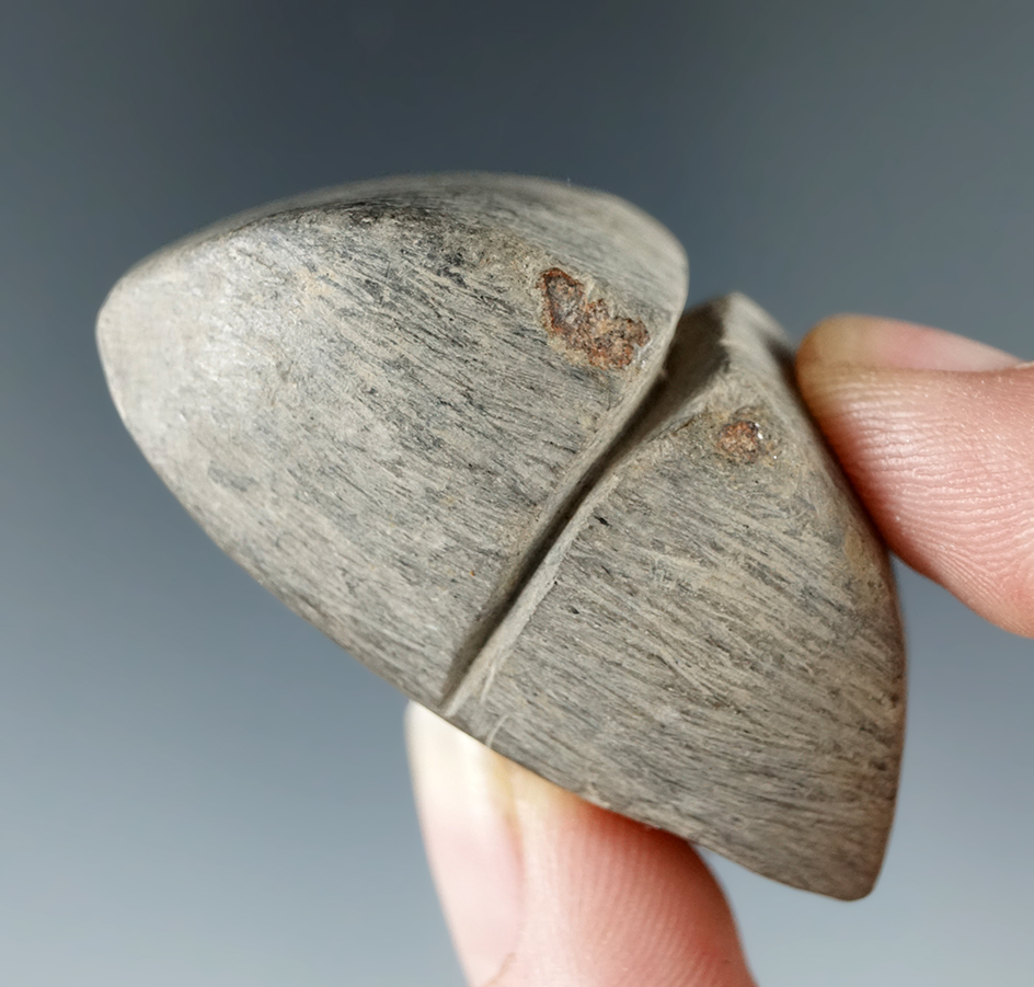 1 7/8" grooved Atl-atl weight loaf stone from the mid-Columbia River area. Ex. Lloyd McLeod.