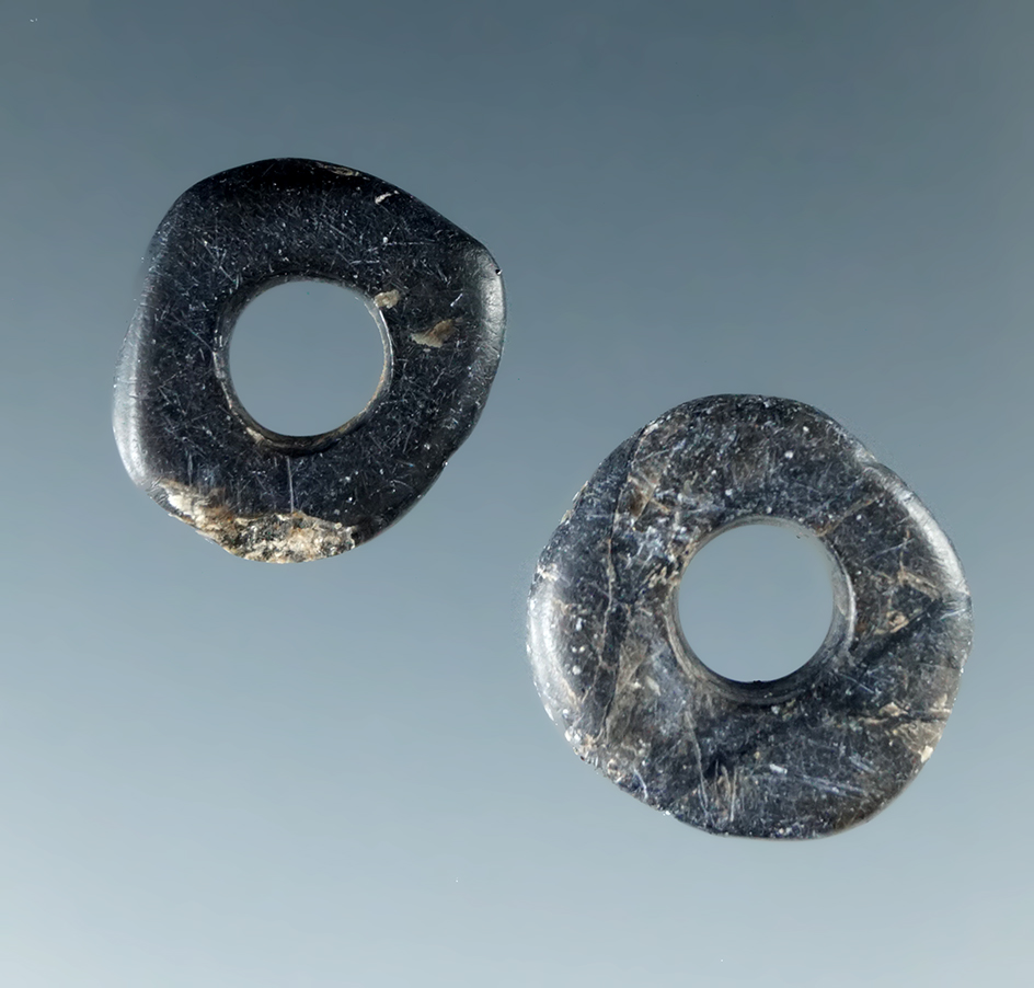 Pair of drilled steatite ornaments found near the Columbia River, largest is 9/16".