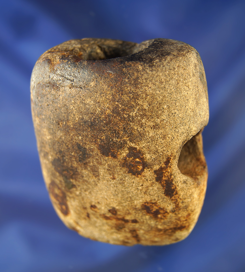 2 5/8" Sandstone Pipe found in Ohio. One reglued chip near bowl area. Very heavily patinated