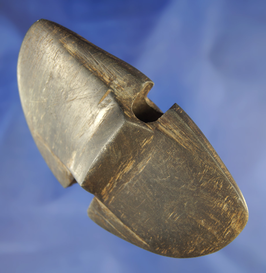 Well styled 3 11/16" Raised Barrel Double Notch Wing Bannerstone found in Knox Co.,  Ohio.