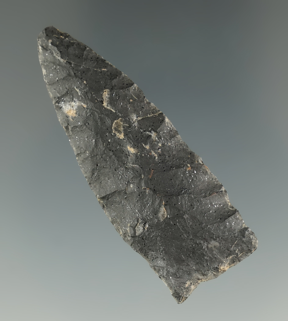2 1/8" Scottsbluff made from black chert, found in Utah. Comes with a Rogers COA.