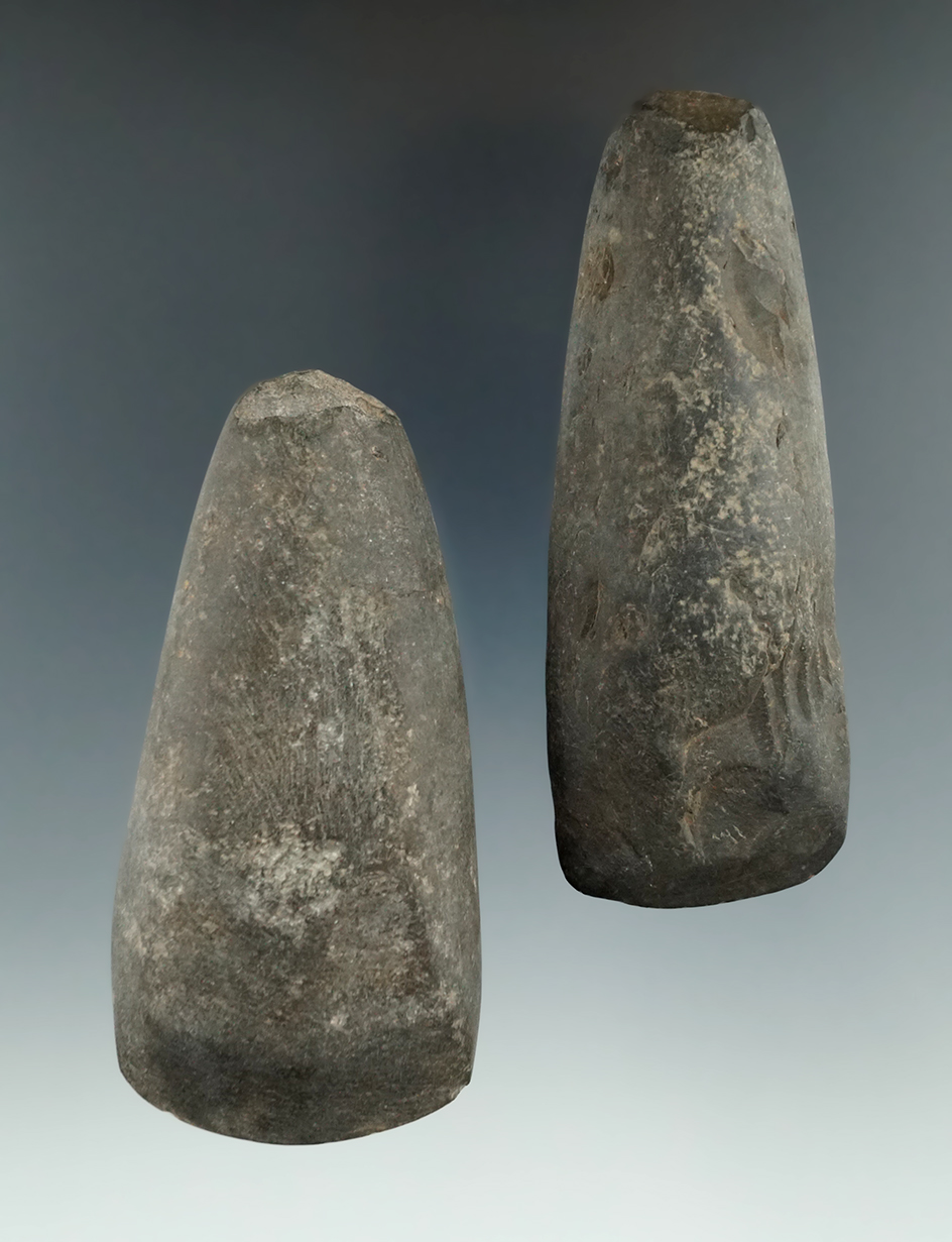 Pair of stone Celts found in New Jersey, one has a ding in the bit. Largest is 4".