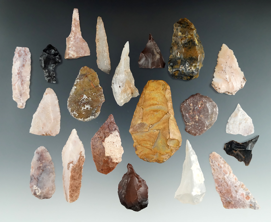 Group of 20 assorted tools found in Utah including scrapers, knives and drills, largest is 2 3/8".