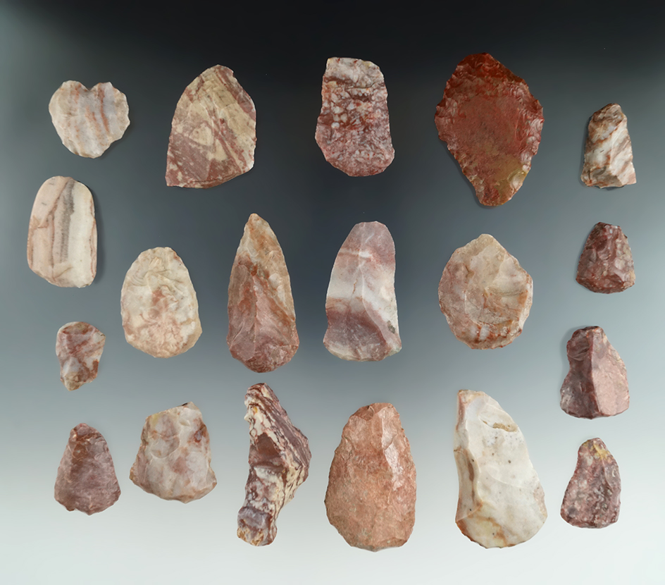 Group of 19 Alibates Flint scrapers and tools found in southern Kansas. Largest is 2 3/16".