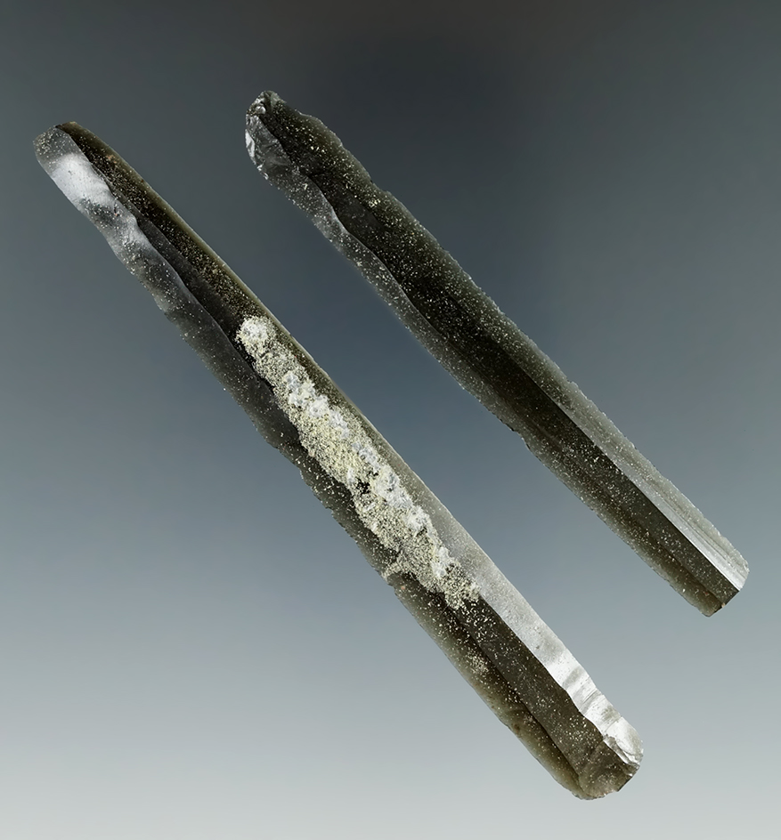 Pair of exceptionally thin obsidian lancet knives, found near Monte Alban, Oxaca, Mexico.