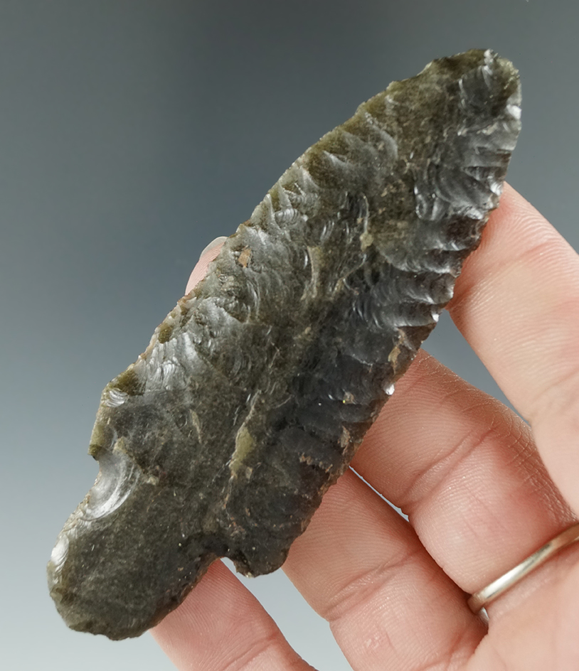 Heavily patinated 3 1/2" Stemmed Lance with beautiful diagonal oblique flaking - Oxaca, Mexico.  -