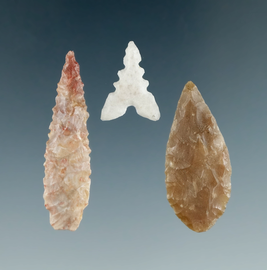 Set of three points, two are African Neolithic leaf points and one is a serrated Hohokam from Arizon