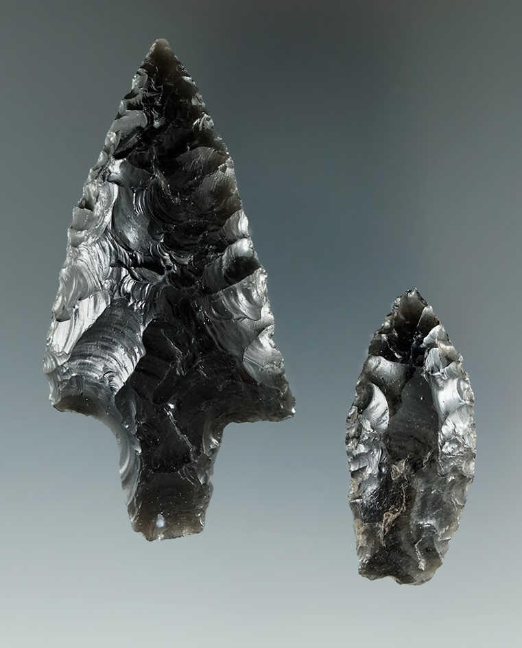 Nice pair of obsidian artifacts including a 3" stemmed Lance found near Monte Alban, Oxaca, Mexico.