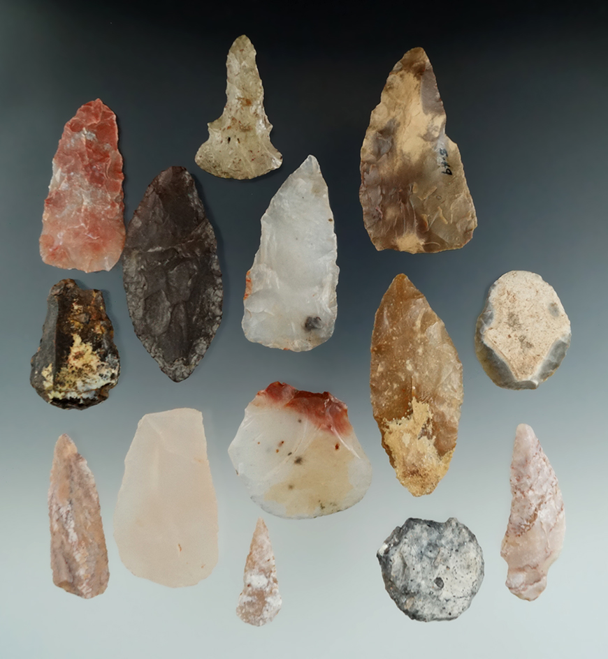 Nice set of 14 assorted tools including knives, scrapers and drills found in Utah, largest is 2 1/2"