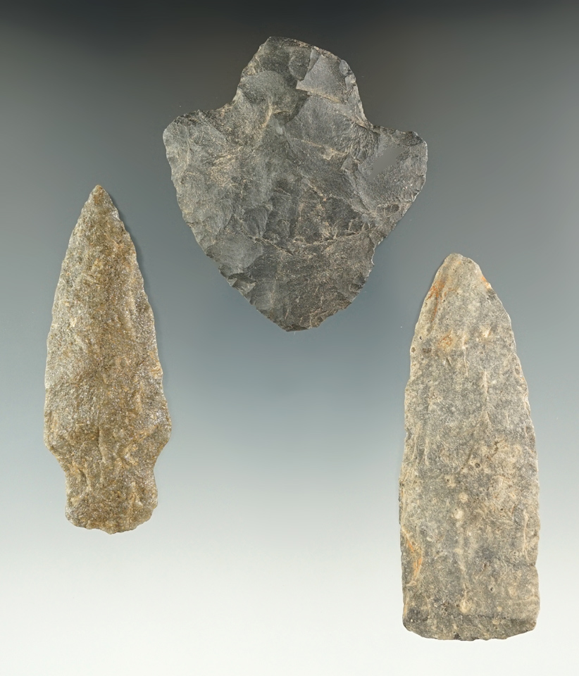 Set of three flaked artifacts found in Lancaster and Dauphin Counties, Pennsylvania.