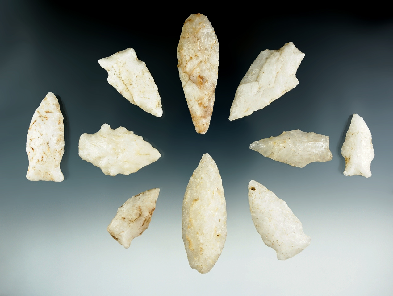 Group of 10 nice quartz arrowheads from the Home farm, Cecil County Maryland. Largest is 2 1/2".