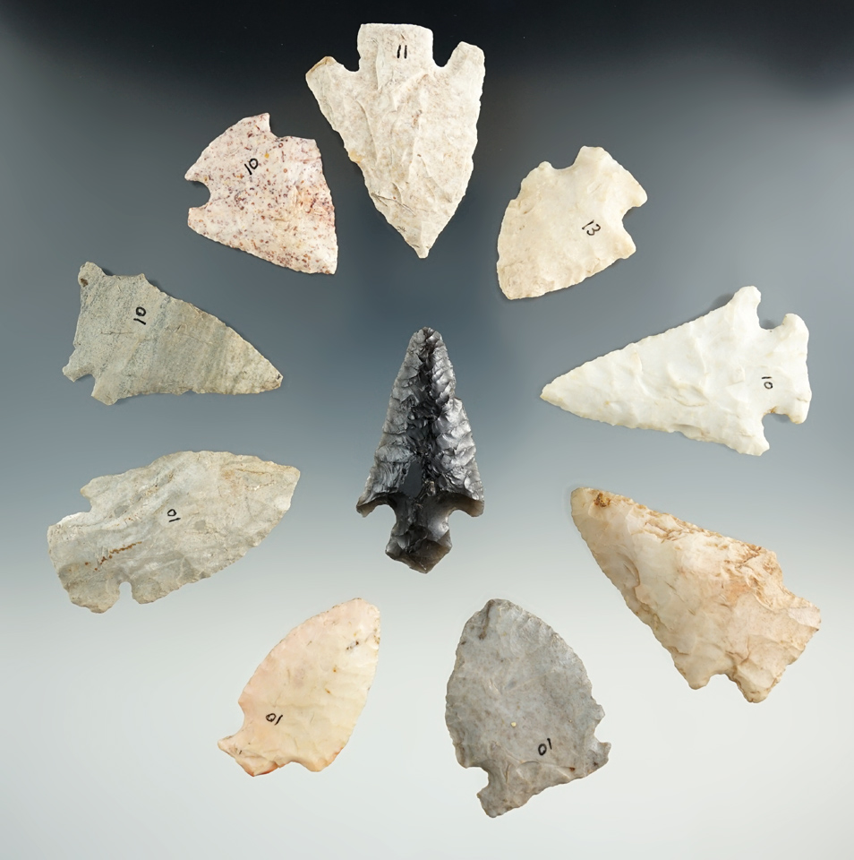 Group of 10 assorted Flint artifacts from various locations, largest is 2 3/8".