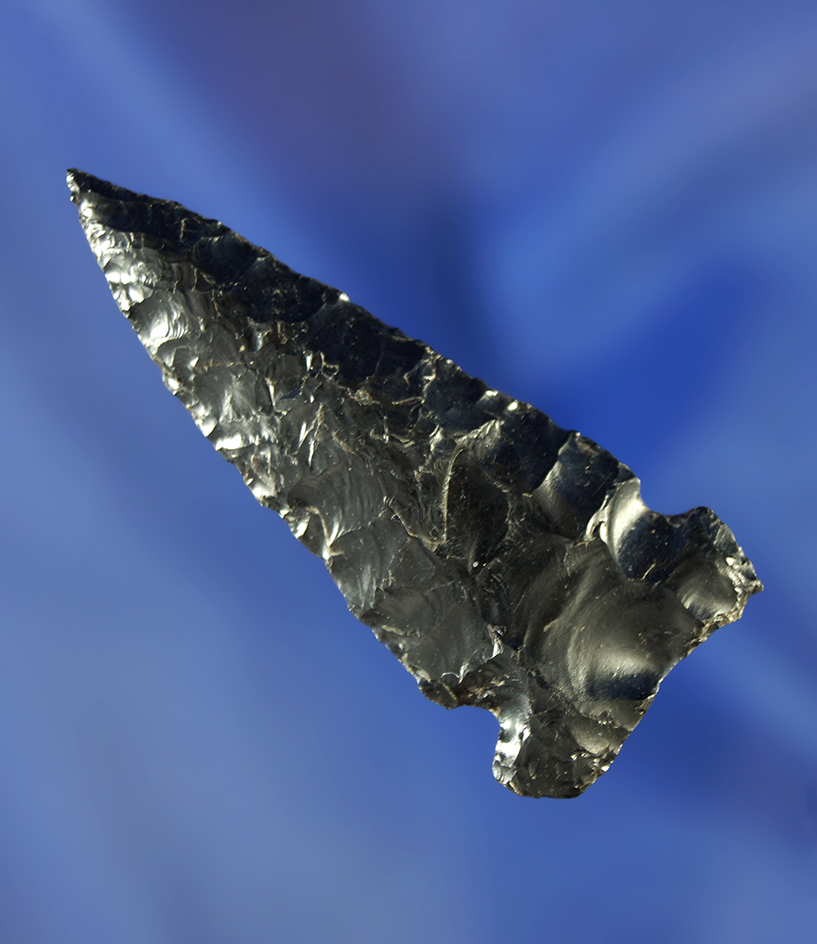 2 1/16" Lookingbill point made from black obsidian in nice condition. Wyoming.
