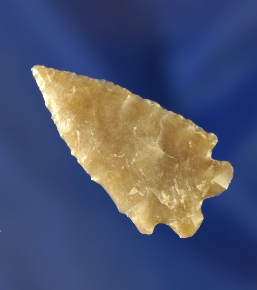 1 7/16" Oxbow point made from beautifully translucent chalcedony. Wyoming.