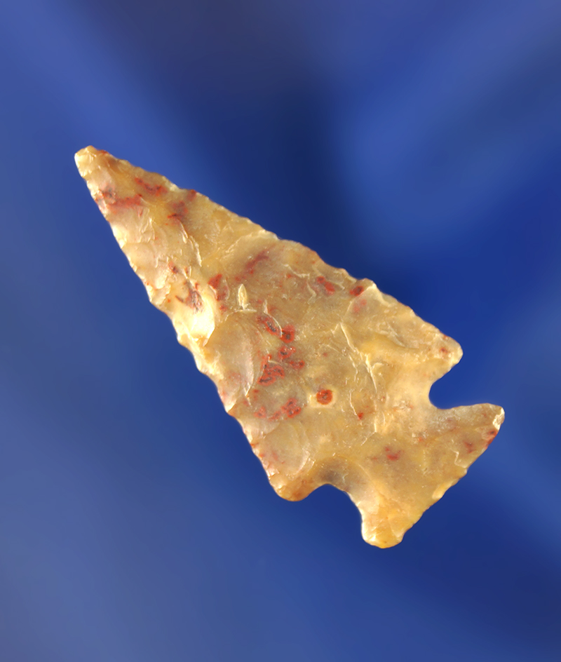 1 5/16" Pelican Lake point made from multicolored Flint. Wyoming.