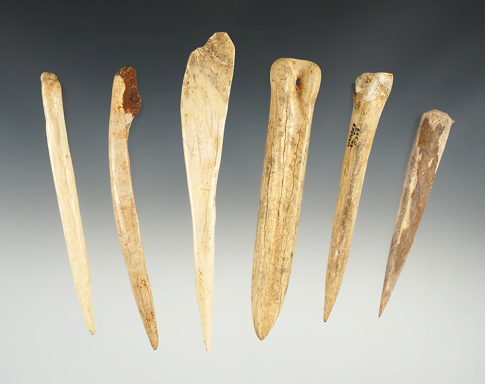 Set of 6 nicely made Bone Awls found in Tennessee. The largest is 5".