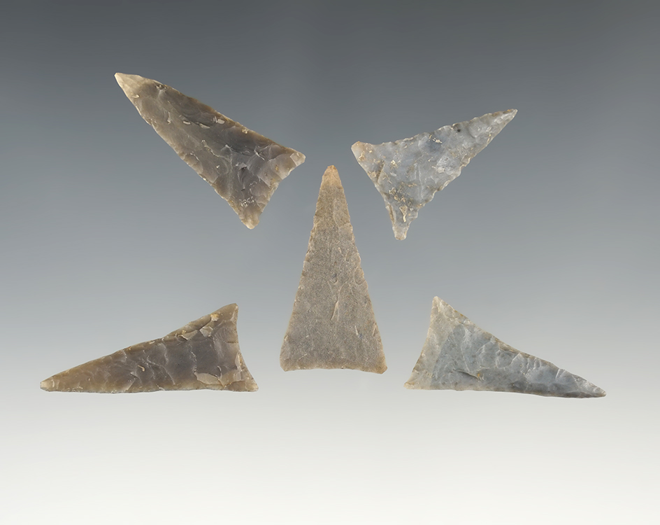 Set of 5 nicely made Tennessee Triangle points. The largest is 1 7/16".