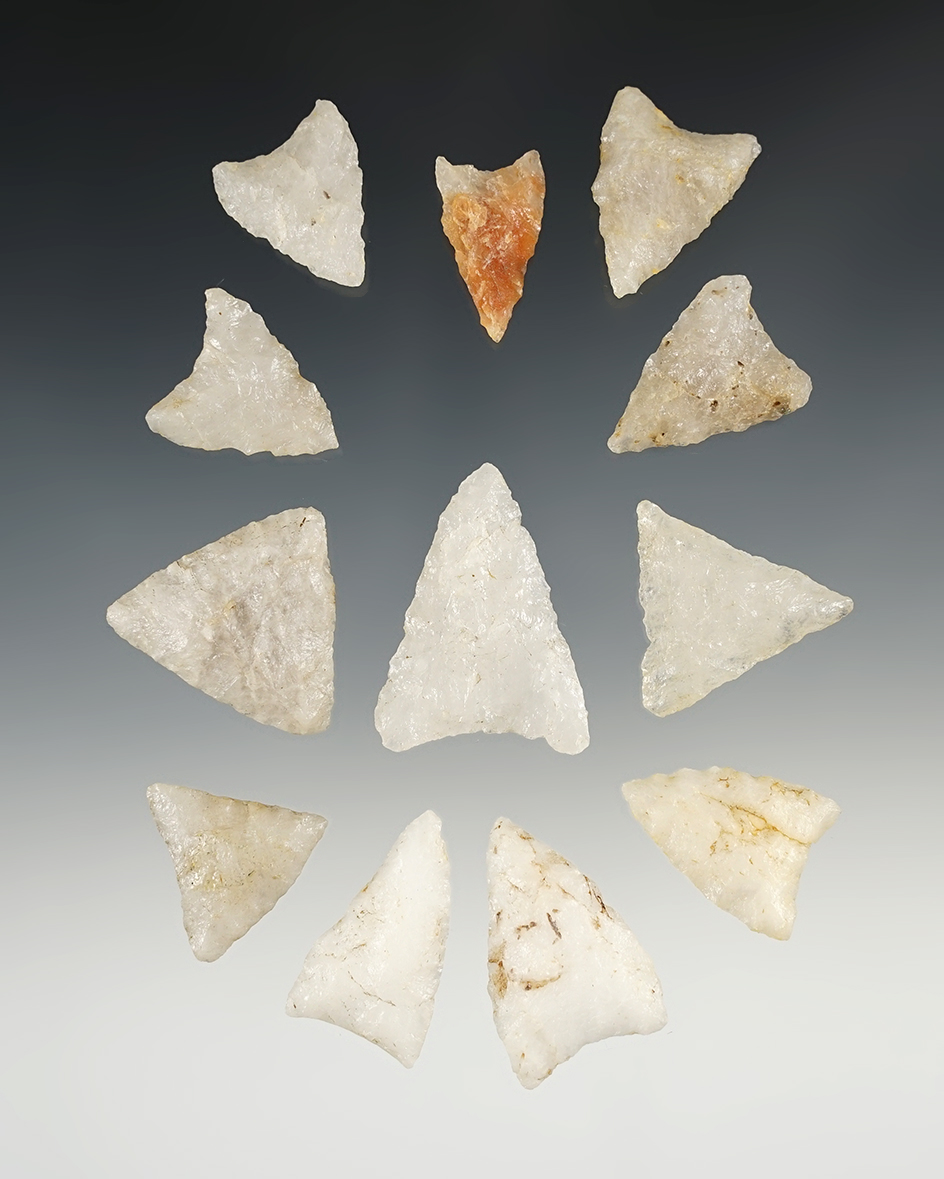 Set of 12 Triangle points found around Martha's Vineyard. The largest is 1 3/8".