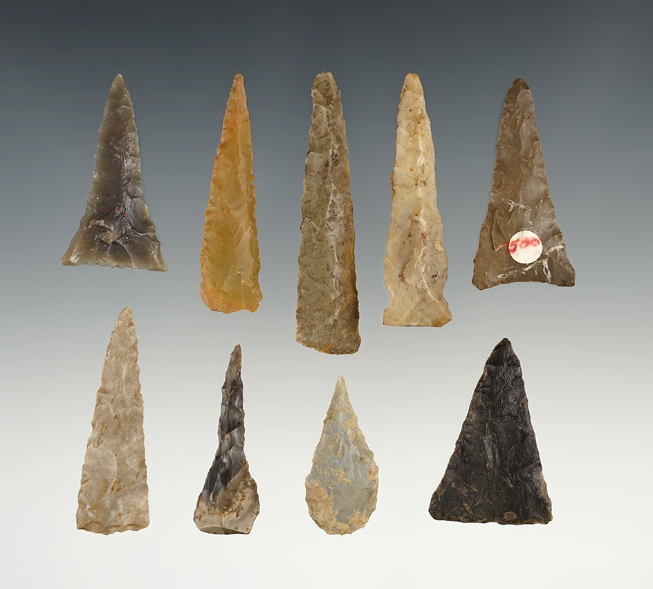 Set of 9  nice Kentucky/Tennessee Triangle points in good condition. The largest is 2 1/8".