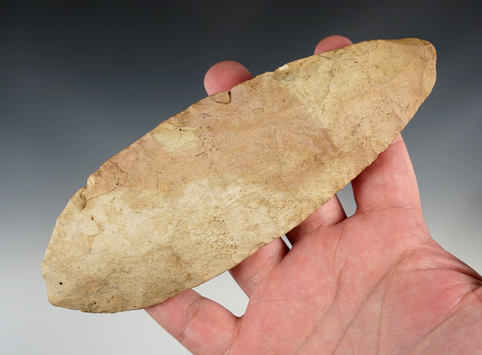 Large 6 13/16" Flint Blade found in Tennessee. 3 small chips broken and glued on one edge.