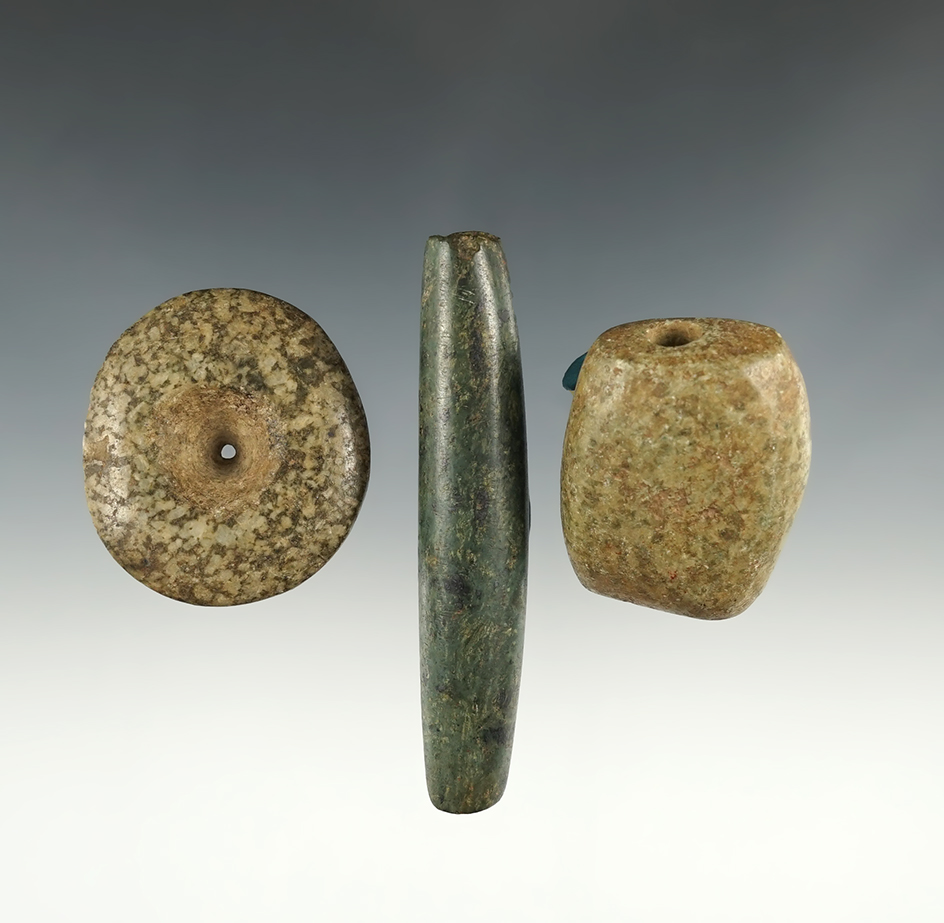 Set of 3 nicely colored Pre-Columbian Beads. The largest is 3 3/8".