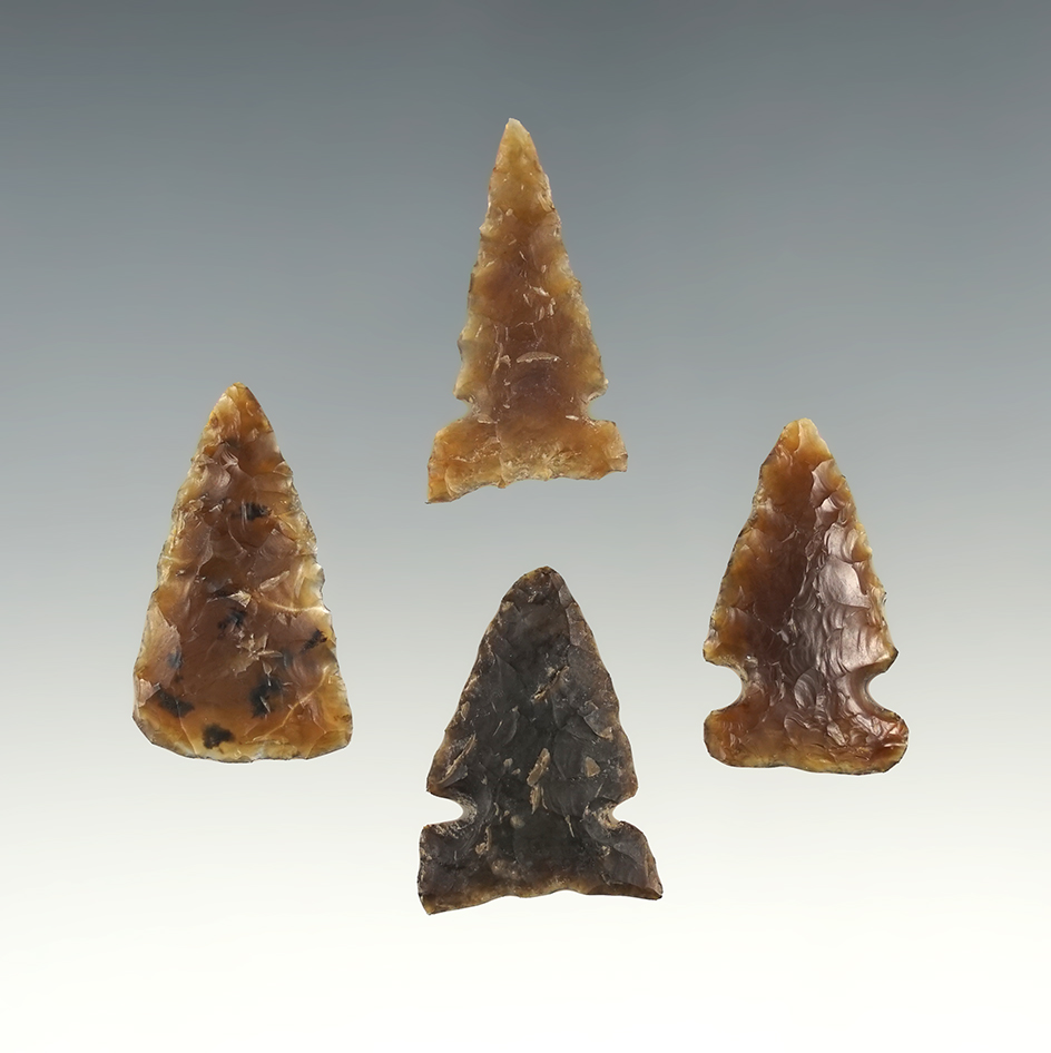 Set of 4 Knife River Flint points. Boley Site in Morton Co., North Dakota. Largest is 1 1/8".