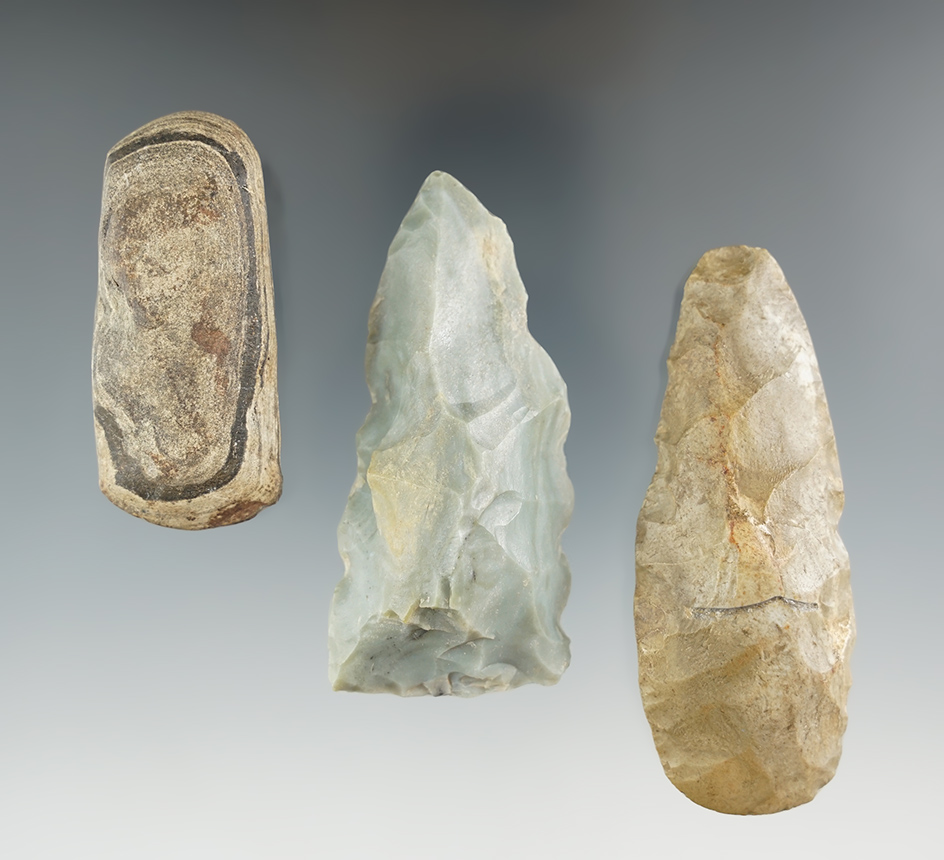 3 Midwestern tools including miniature Celt, a Flint Celt, and Dalton Adze.