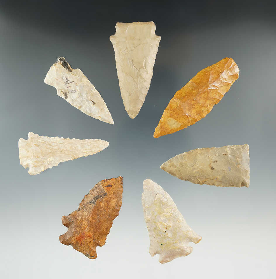 Set of seven nice flaked artifacts found in Tennessee and Kentucky, largest is 2".