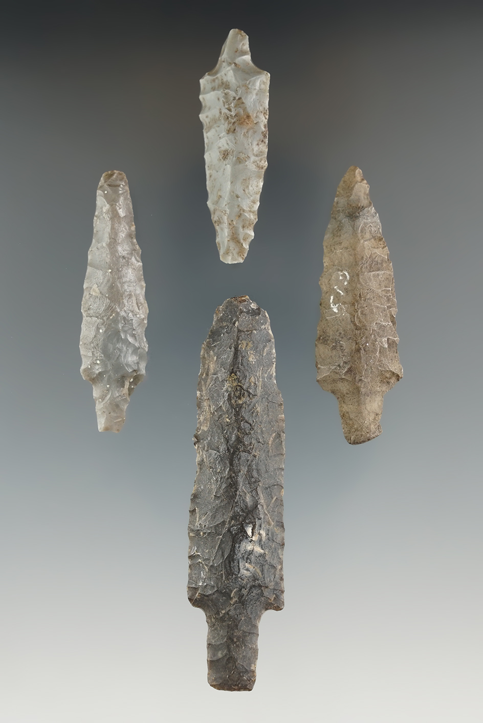Set of four projectile points found in Alaska, largest is 2 3/4".