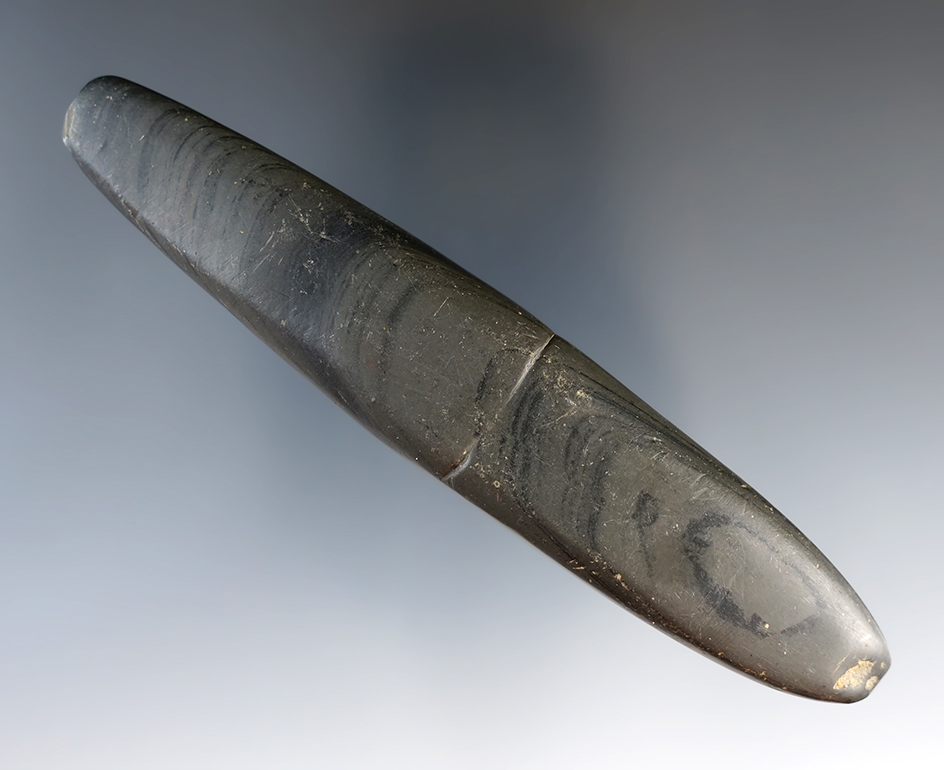 4 5/8" Grooved Atlatl Weight, Banded Slate. Ohio in 1976.